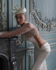 Lunivop High O-neck Pearls Long Sleeve Mermaid Dress Floor Length See Through Women White Bridal Satin Dresses Custom Made Wedding Gown