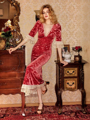 Lunivop Patchwork Deep V-neck Lace Women Maxi Dress Short Sleeve Printed Floral Dress Female Spring French Casual Party Clubwear