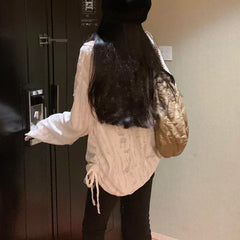 Lunivop Streetwear Drawstring Pleated Loose Long-sleeved T-shirt Women Autumn New O-Neck Star Stitching Distressed Casual Tops