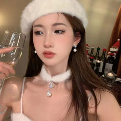 Lunivop Winter Cute Sweet Feather Plush Snowflake Pearl Choker Necklace for Women Chirstmas Party Choker Necklace Jewelry Gift