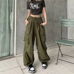 Lunivop Women Casual Joggers Tech Pants Solid Low Waist Pants Drawstring Wide Leg Baggy Trousers Y2k Streetwear Oversize Sweatpants