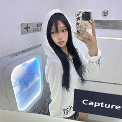 Lunivop American Retro T-shirt Women Hooded Print Graphic Tops Y2k Vintage Tops Streetwear Japanese 2000s Grunge Tops E-girls