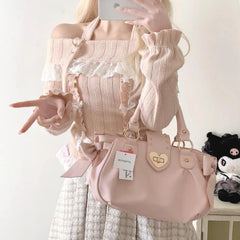 Lunivop Kawaii Sweet Knitted Pullover Women Off Shoulder Japanese Style Sweater Harajuku Lace Bow Cutecore Long Sleeve Sweaters