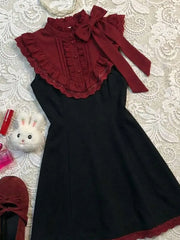 Lunivop Vintage Classic Burgundy Lace Stand Collar Flutter Sleeve Short Dress Women Elegant Waist Fit Harajuku Summer Streetwear Outfit