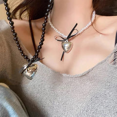 Lunivop New Trendy Simple Black Ribbon Bow Silver Heart Pendant Pearl Necklace for Women Niche Design Imitation Pearl Party Jewelry