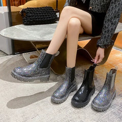 Lunivop New Women's Shiny Color Fashion Rain Boots Four Seasons Wearable Water Shoes Ladies Outdoor Waterproof Mid-tube Ankle Boots