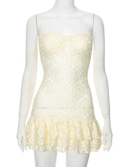 Lunivop Sexy Strapless Print Floral Lace Women Dress Yellow See Through High Waist Dress Female Summer Skinny Elegant Streetwear