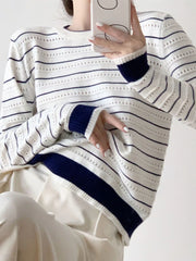 Lunivop Vintage Elegant Striped Sweaters Women Loose O Neck Hollow Out Knitted Pullover French Retro Long Sleeve Casual Jumper Tops