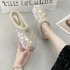 Lunivop Fashion Shiny Cotton Slippers Women Autumn Winter New Warm Home Bright Diamond Slippers Fashion Outer Wear Women's Flat Shoes