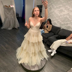 Lunivop Beige Ruffled Spaghetti strap Bridal Dress Elegant Layered Tulle Ball Gown Floor Length Simple Prom Dress Ever Pretty Gown