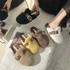 Lunivop Winter Warm Plush Slippers for Women Closed Toe Faux Fur Cotton Shoes Woman Fashion Buckle Lightweight Flat Mules Shoes
