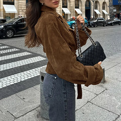 Lunivop BKLD Fashion Autumn Women's Suede Coat Long Sleeve Belted Ruched Double-breasted Lapel Retro Suit Jackets Casual Streetwear