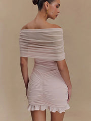 Lunivop Sexy Off Shoulder Mesh Ruched Women Dress Yellow See Through Mini Dress Female Spring Skinny Elegant Party Clubwear
