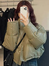 Lunivop PU Leather Stand Collar Short Down Coats Women Loose Solid Single Breasted Coat Female Autumn Winter Chic Waterproof Outwears