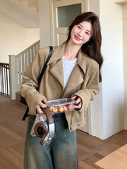 Lunivop Retro Biker Faux Suede Jacket Women Fall Casual Long Sleeve Slim Short Coat Streetwear American Hip Hop Harajuku Tops New