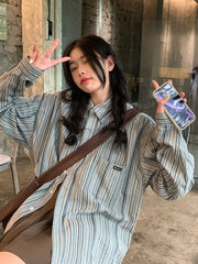 Lunivop Striped Loose Retro Shirts Women Casual Preppy Style Long Sleeve Blouse Vintage Female Pockets All Match Spring Korean Tops