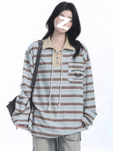 Lunivop Retro Preppy Style Striped T Shirt Women Loose Long Sleeve American Retro Tees Fall New Letter Embroidery Lace Up Patchwork Tops