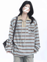 Lunivop Retro Preppy Style Striped T Shirt Women Loose Long Sleeve American Retro Tees Fall New Letter Embroidery Lace Up Patchwork Tops