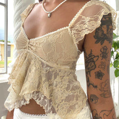 Lunivop Summer Women Fashion Sexy Crop Tanks Flying Sleeve V Neck Lace Double Layered Lotus Edge Tops