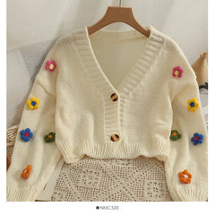 Lunivop Applique Flower Cardigan for Women Cute Floral Button-up Cropped Knitted Sweater Jacket Teen-girl Y2K Fairycore Outfit