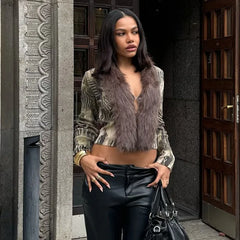 Lunivop Fashipn Printed Crop Top with Detachable Faux Fur Collar Deep V Neck Long Sleeve T Shirts Womens Sexy Tees