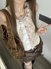 Lunivop Heavy Vintage Patchwork All-match Vest for Women 2025 Summer New Slim Waist Tank Top Y2k Fashion Street Sleeveless Tops Mujer