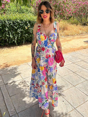 Lunivop Elegant Flower Print Backless Strap Dress Women Sexy Chic Sleeveless Ruffles Maxi Dress Female Summer Holiday Beach Robes