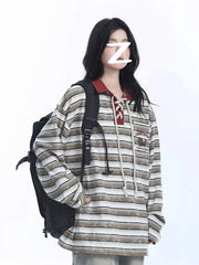 Lunivop Retro Preppy Style Striped T Shirt Women Loose Long Sleeve American Retro Tees Fall New Letter Embroidery Lace Up Patchwork Tops