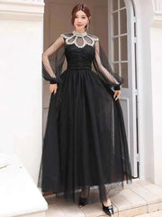 Lunivop Women's Fashion Dress Stand Collar Mesh Sleeves Rhinestone Folds Folds Slim Mid-calf Dresses Spring 2025 New Tide