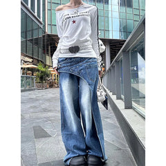 Lunivop Women's Casual Japanese Style Harajuku Jeans Vintage Aesthetic Mop Punk Loose Pants Y2K Wide Leg Baggy Washed Denim Trouser