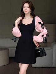 Lunivop Autumn Sweet Princess Party Mini Dress for Women Elegant Rose Floral Bow Puff Sleeve Birthday Prom Vestidos Mujer Female Outfits