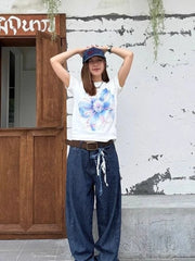 Lunivop Woman T Shirts O Neck Short Sleeve Slim Stretch Short Sleeve Flowers Printed Y2k Tops Vintage Fashion Tshirt Casual