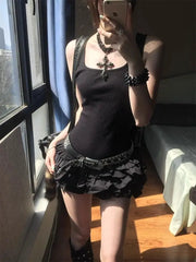 Lunivop Y2k Black Square Neck Sexy Dress for Women Summer Slim Waist Ruched Cake Dresses 2025 New Sleeveless Vestidos De Mujer