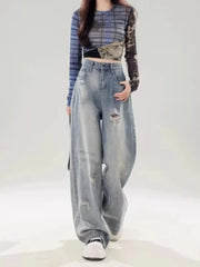 Lunivop American Retro Ripped Jeans for Women 2025 Summer Thin High Waist Slimming Loose Straight Wide-leg Floor Trousers Underpants