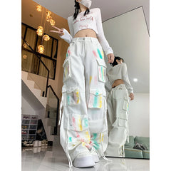 Lunivop Autumn American Style Subculture Y2k Graffiti Cargo Pants Multi Pockets Denim Trousers High Street Spice Girls Wide Leg Jea