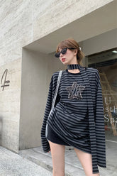 Lunivop Vintage Star Patchwork Loose Long-sleeved T-shirt Women Autumn New O-Neck Contrast Color Striped Casual Tops with Scarf