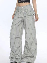 Lunivop Stars Print Y2K Cargo Pant Women Vintage Streetwear Loose High Waist Design Trousers Hip Hop Retro American Casual Wide Leg Pant