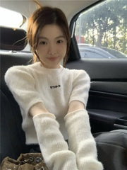 Lunivop White Knitted Hotsweet O Neck Sweaters Pullovers Oversleeve Women Crop Tops Mink Cashmere Y2k Letter Print Slim Fit High Waist