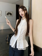 Lunivop Sexy Backless Bow Shirt Women Sweet Lace Patchwork Slim White Blouse French Vintage Elegant Lady Summer Hollow Out Tops New