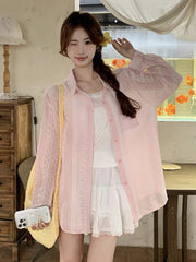 Lunivop See Through Sun Proof Shirt Women Loose Sweet Long Sleeve Elegant Blouse Sexy Fashion Female Summer Chic Korean Tops New