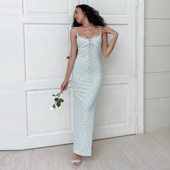 Lunivop Floral Print Spaghetti Split Slit Bodycon Long Dress Summer Elegant Evening Y2K Streetwear Korean Outfits Casual Clothes
