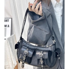 Lunivop Retro Hot Girls Black Shoulder Bags Women Vintage Leather Pocket Casual Y2k Handbag Purse Ladies Hobos Messenger Bag