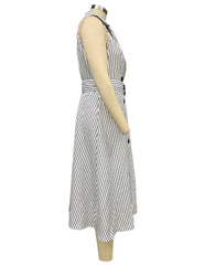 Lunivop Autumn Women Vertical Stripe Printed Polo Turn-down Collar Dress with Belt High Waist Sleeveless Button Dresses