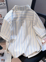 Lunivop Cute Women Striped Shirts Japan Vintage Loose Dog Print Kawaii Blouse Casual Preppy Style Short Sleeve Summer Sweet Tops
