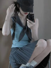 Lunivop Personality Fashion Summer Preppy Style Sailor Neck Tank Tops Sweet All Match Striped Thin Camisole Y2k Korean Casual Tees