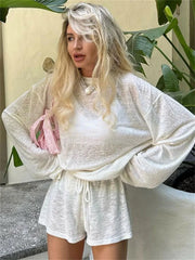 Lunivop Casual White 2 Piece-Set Shorts Women Long Sleeve Loose Lace-Up Solid Pullover Top And High Waist Spring Shorts Outfits