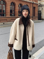 Lunivop Streetwear Y2K Faux Lamb Coat Women Vintage Loose Design Faux Suede Inside Jacket Casual American Retro Fall Winter Harajuku Top