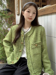 Lunivop Sweet Green Tweed Jackets Women Vintage Long Sleeve Casual Coat Korean O Neck Fall Winter Retro All Match Elegant Outwear Tops