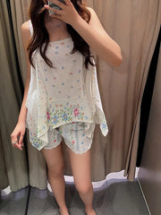Lunivop Two Piece Set Spaghetti Strap Asymmetric Top Lace Trim Shorts Loose Fit Summer Chic Resort Lady Casual Suit