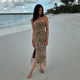 Lunivop Vintage Leopard Print Sexy Strapless Long Dress Outfits For Women High Slipt Sexy Backless Summer Vacation Dresses